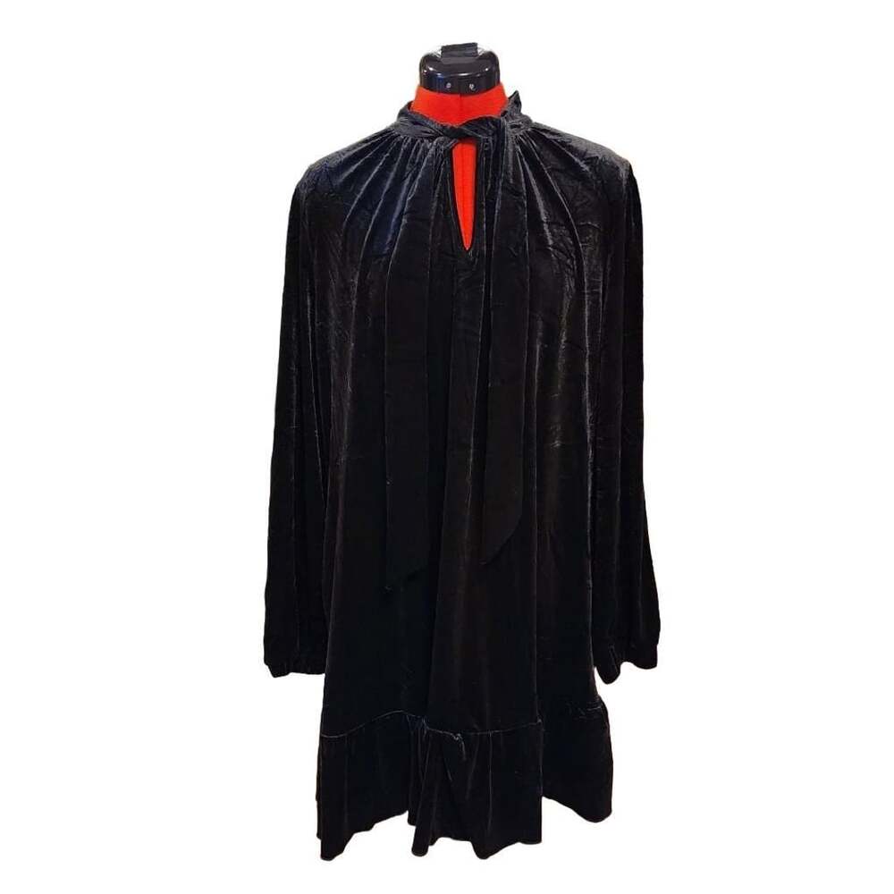 ​Dokootoo Black Velvet Tie Neck Shift Mini Ruffle Hem 2XL Goth Grunge Indie
